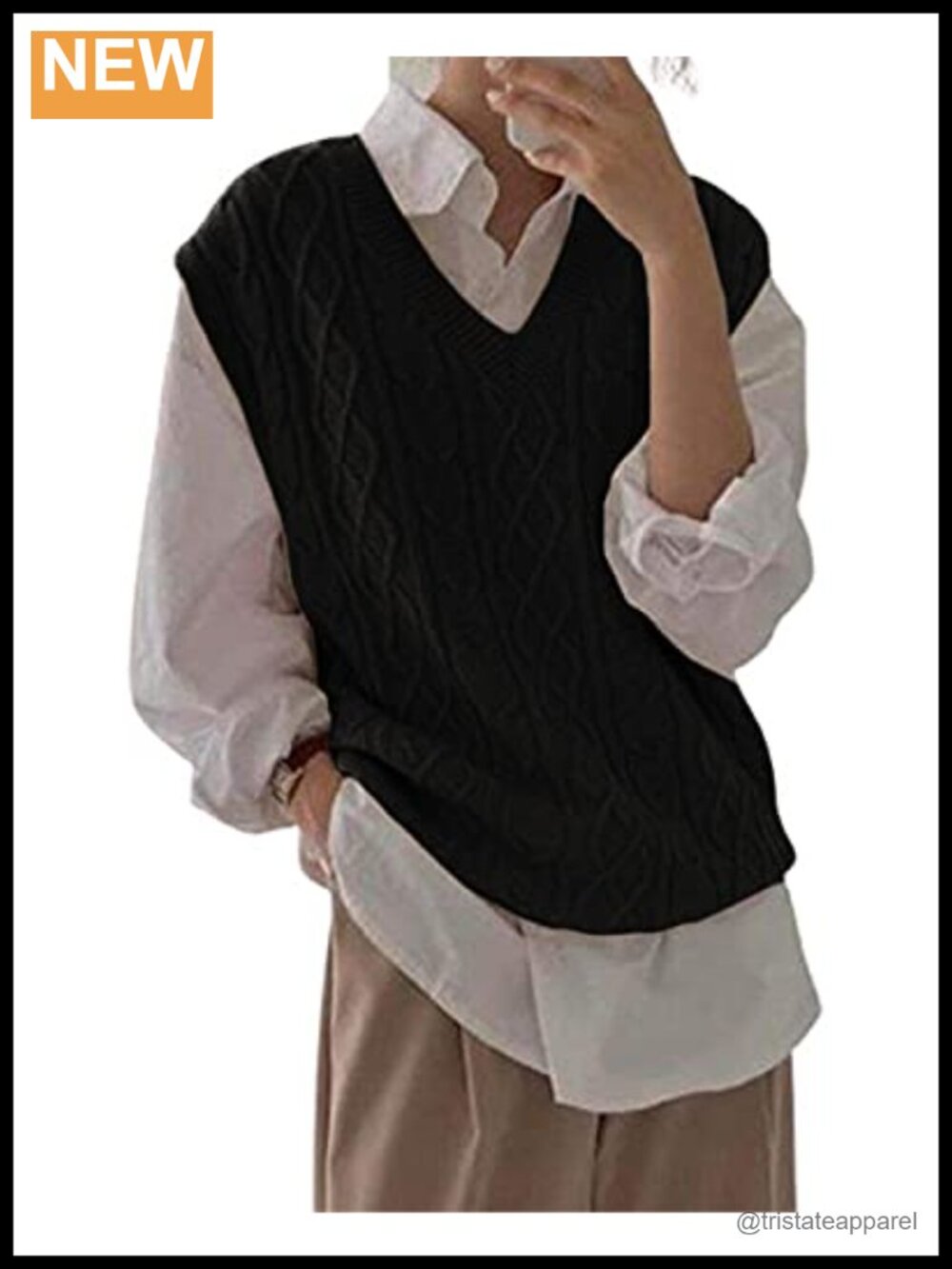 Women's V Neck Sleeveless Sweater Vest Oversized Cable Knit Loose Tank Top